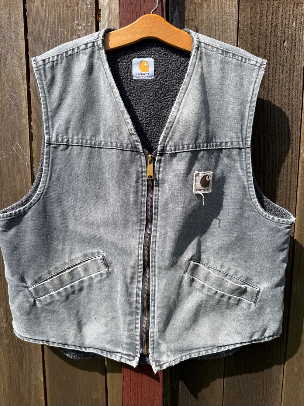 Carhartt  Mens Vintage Distressed Light Gray Sherpa-Lined Work Vest